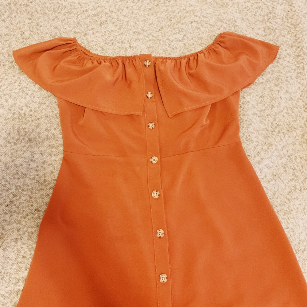 Burnt Orange Off the Shoulder Button Front Dress